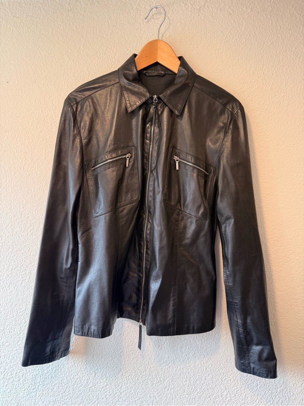 JIL SANDER Black Leather Shirt Jacket Classic Zip Cuff Design